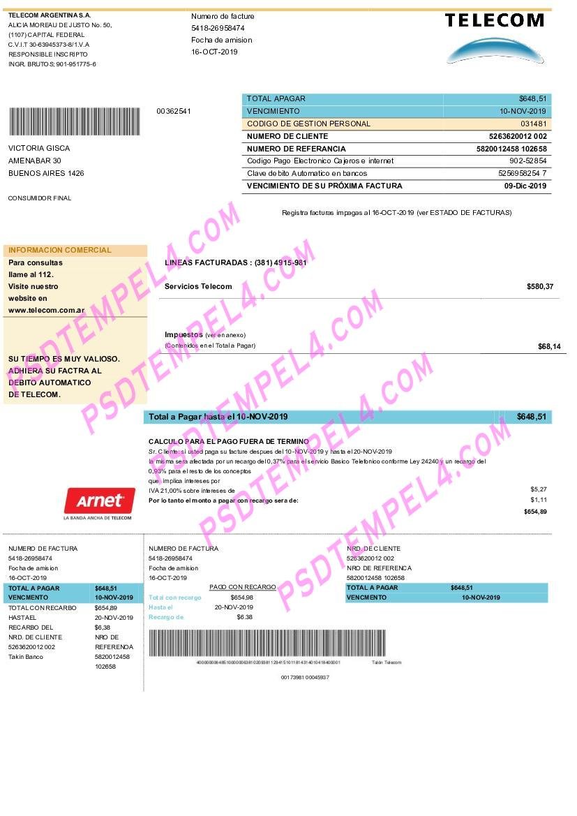 Argentina telecom utility bill