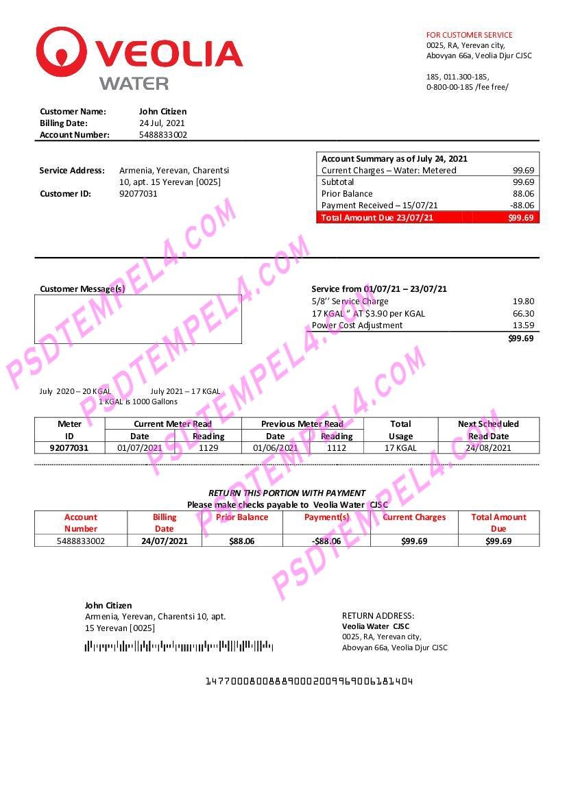 Armenia Veolia Water utility bill