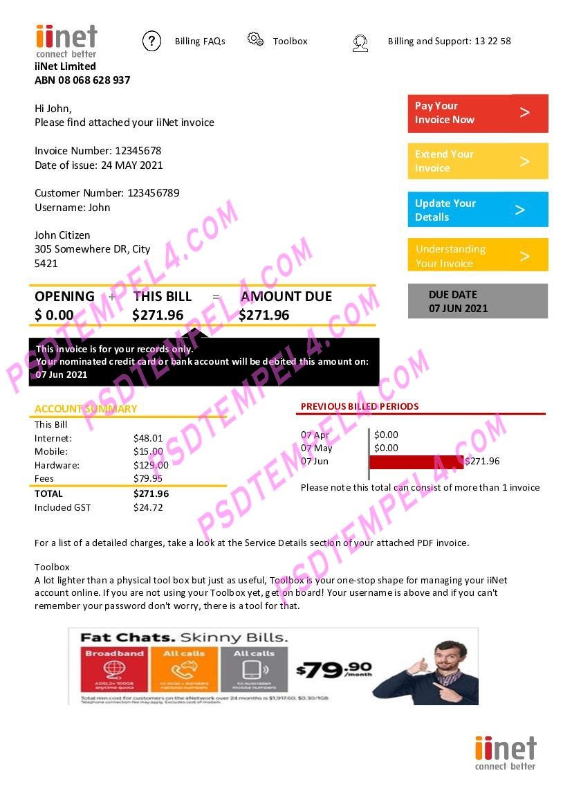 Australia iiNet utility bill