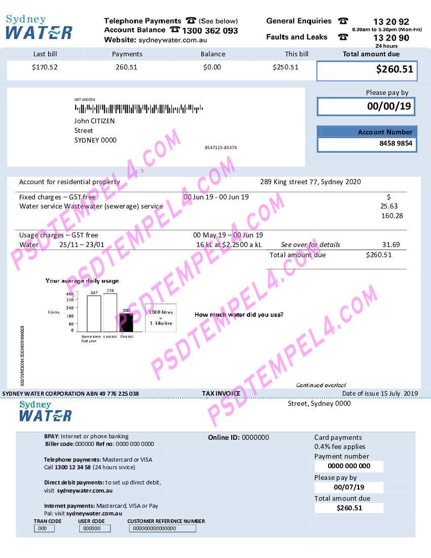 Australia Sydney water V2 utility billSydn