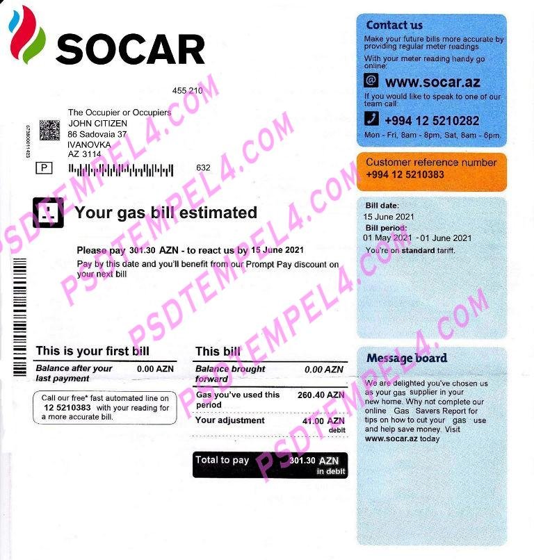 Azerbaijan Socar Gas psd utility bill