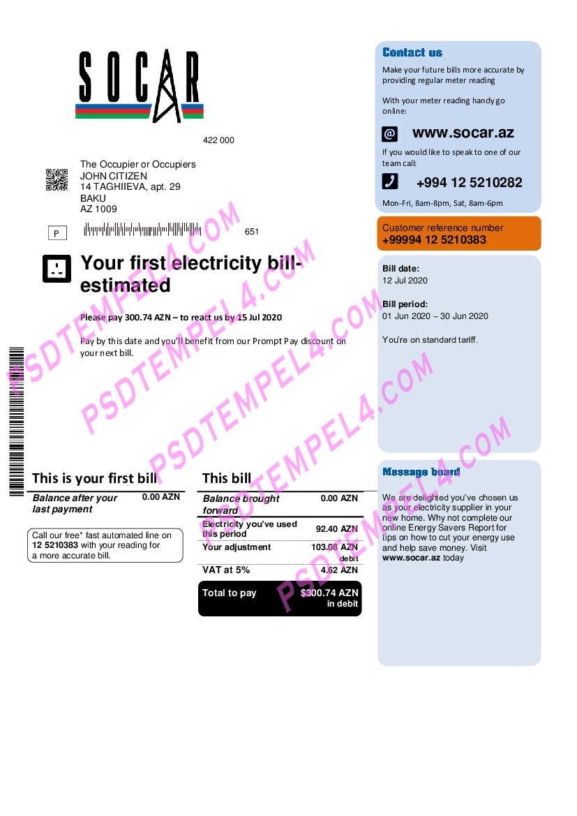 Azerbaijan Socar Gas utility bill