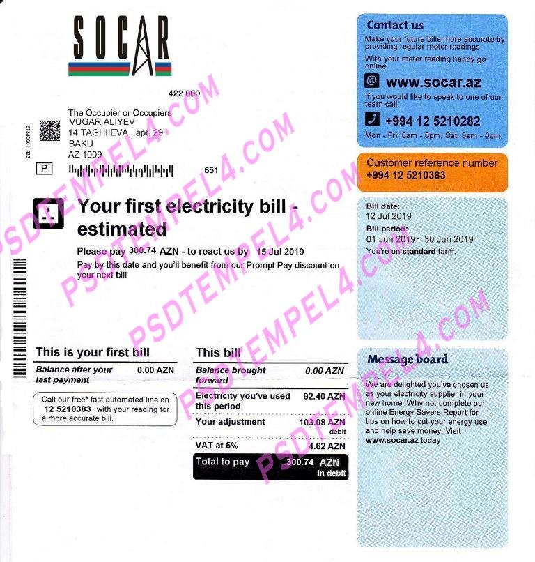 Azerbaijan Socar electricity PSD utility billSoc