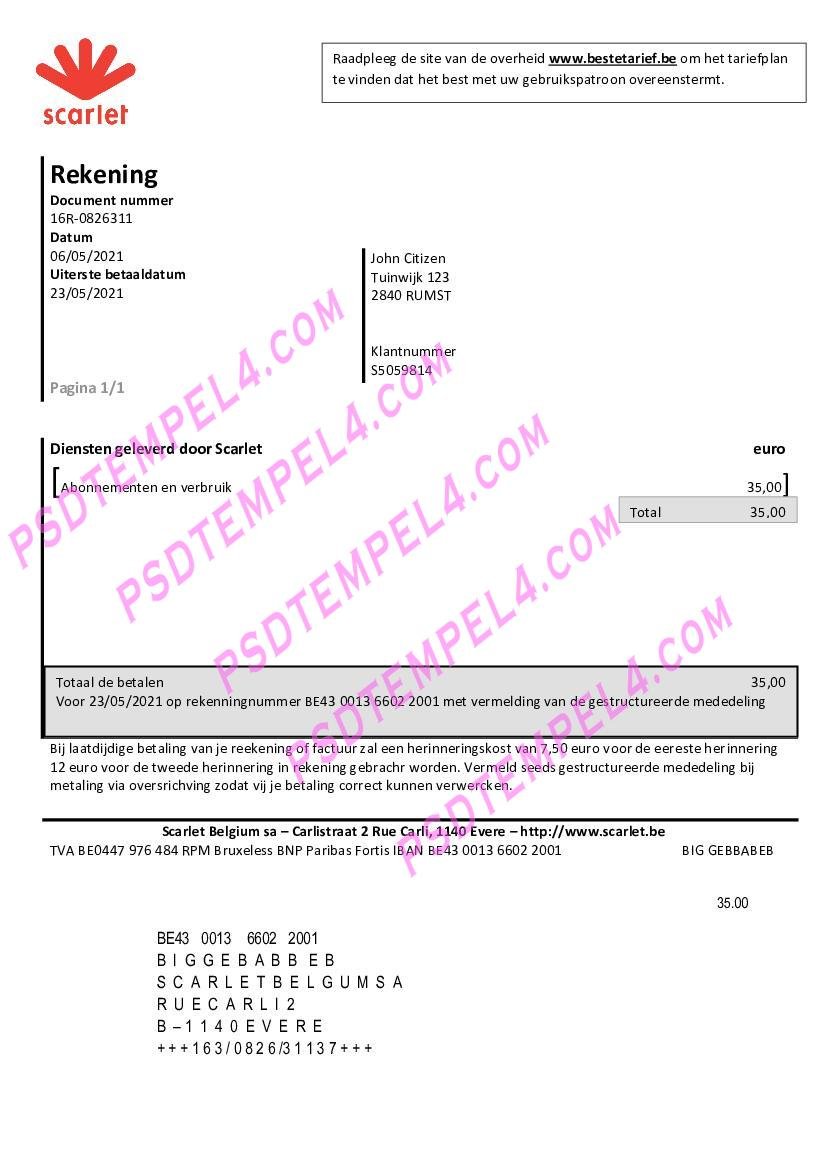Belgium Scarlet telecommunications utility bill