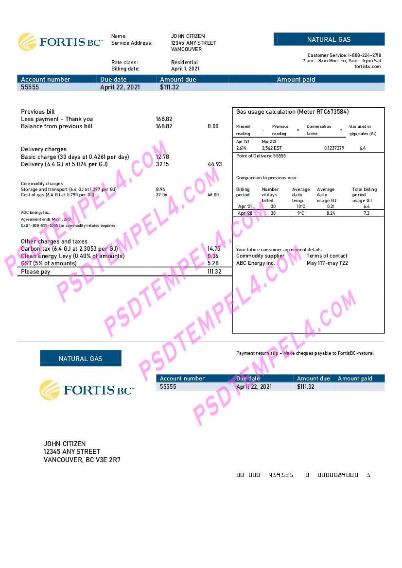 Canada British Columbia FortisBC gas utility bill