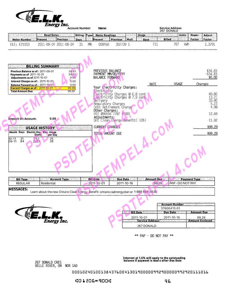 Canada ELK energy utility bill