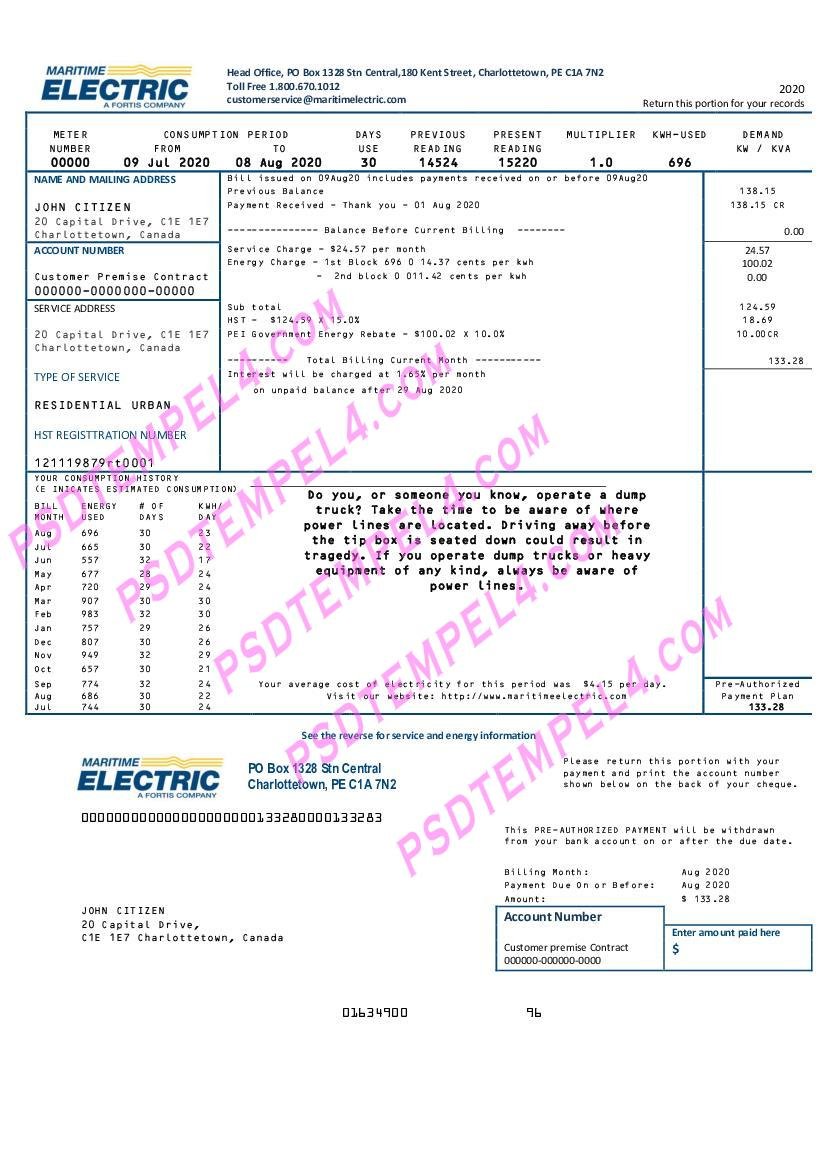 Canada Maritime Electric utility bill