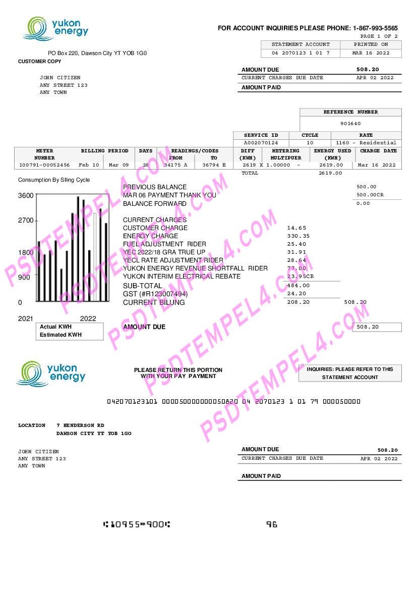 Canada Yukon Energy utility bill