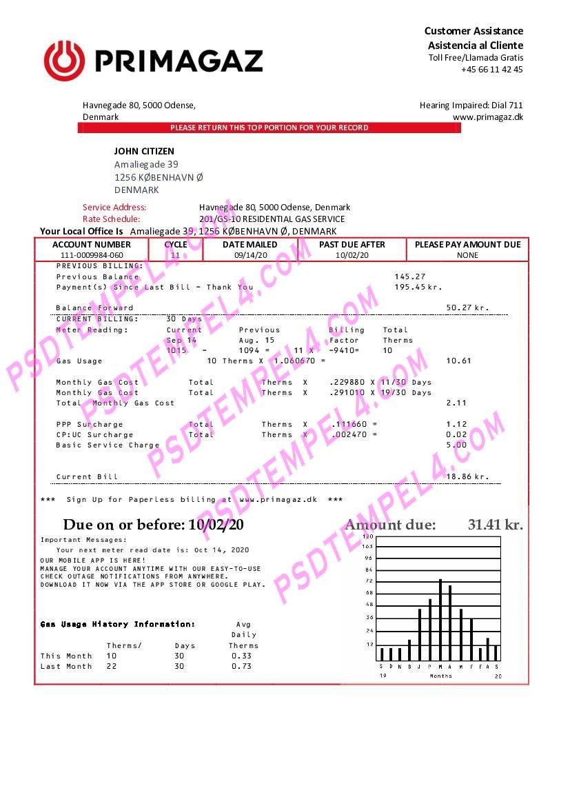 Denmark Primagaz Denmark gas utility bill