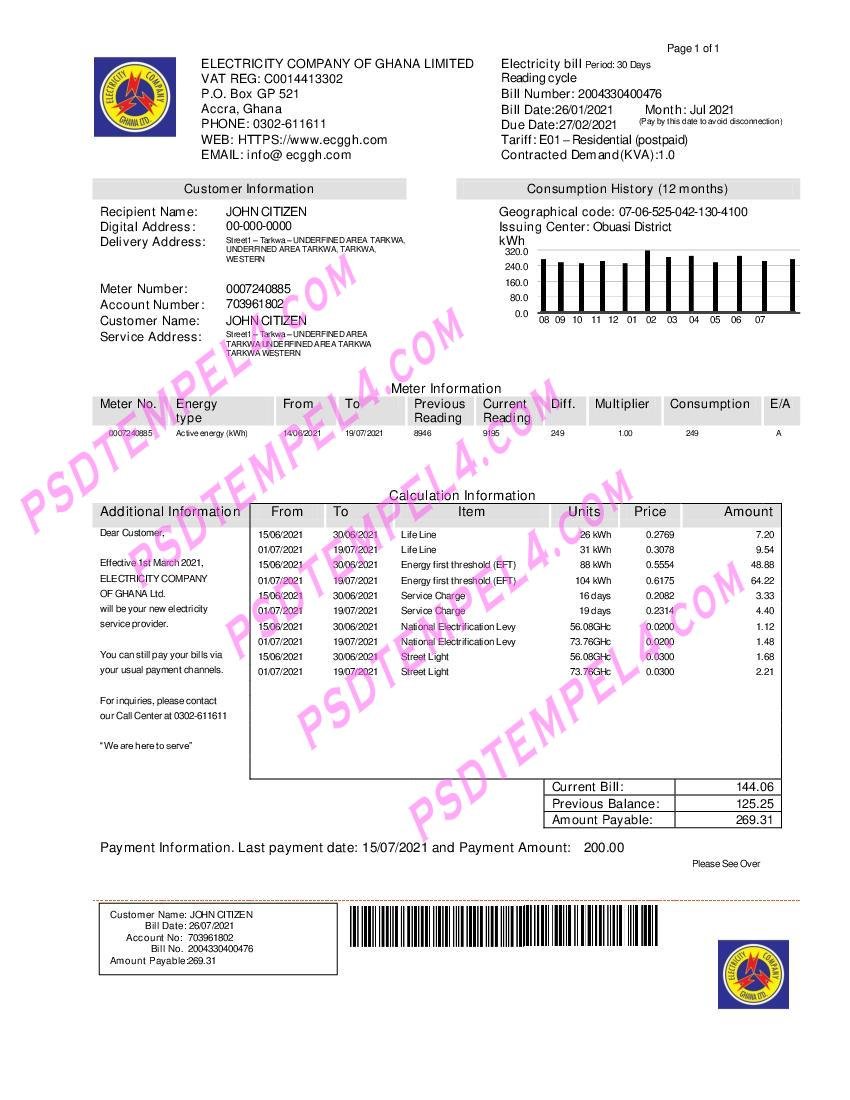 Ghana Electricity Company of Ghana utility billG