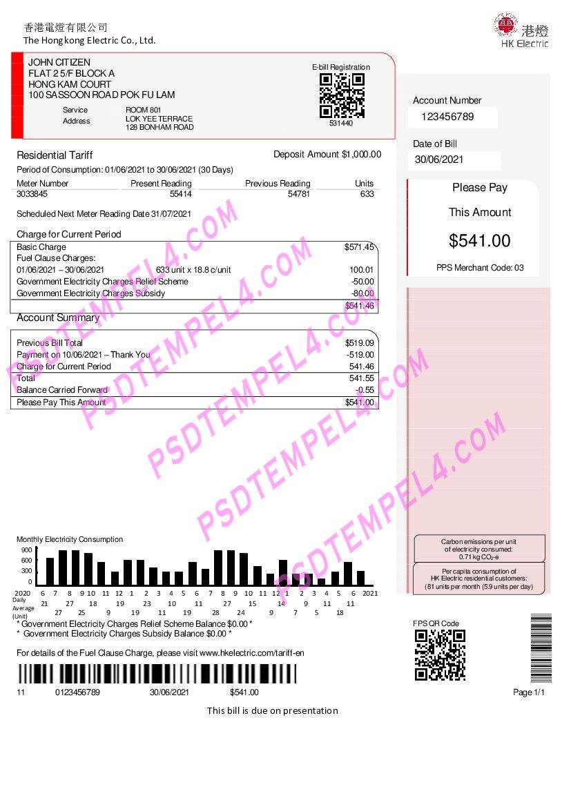 Hong kong electric company utility billHong