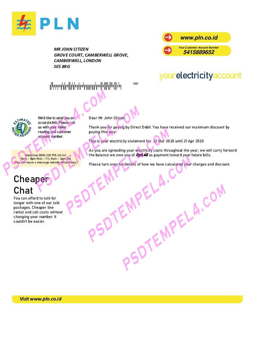 Indonesia PLN electricity utility bill