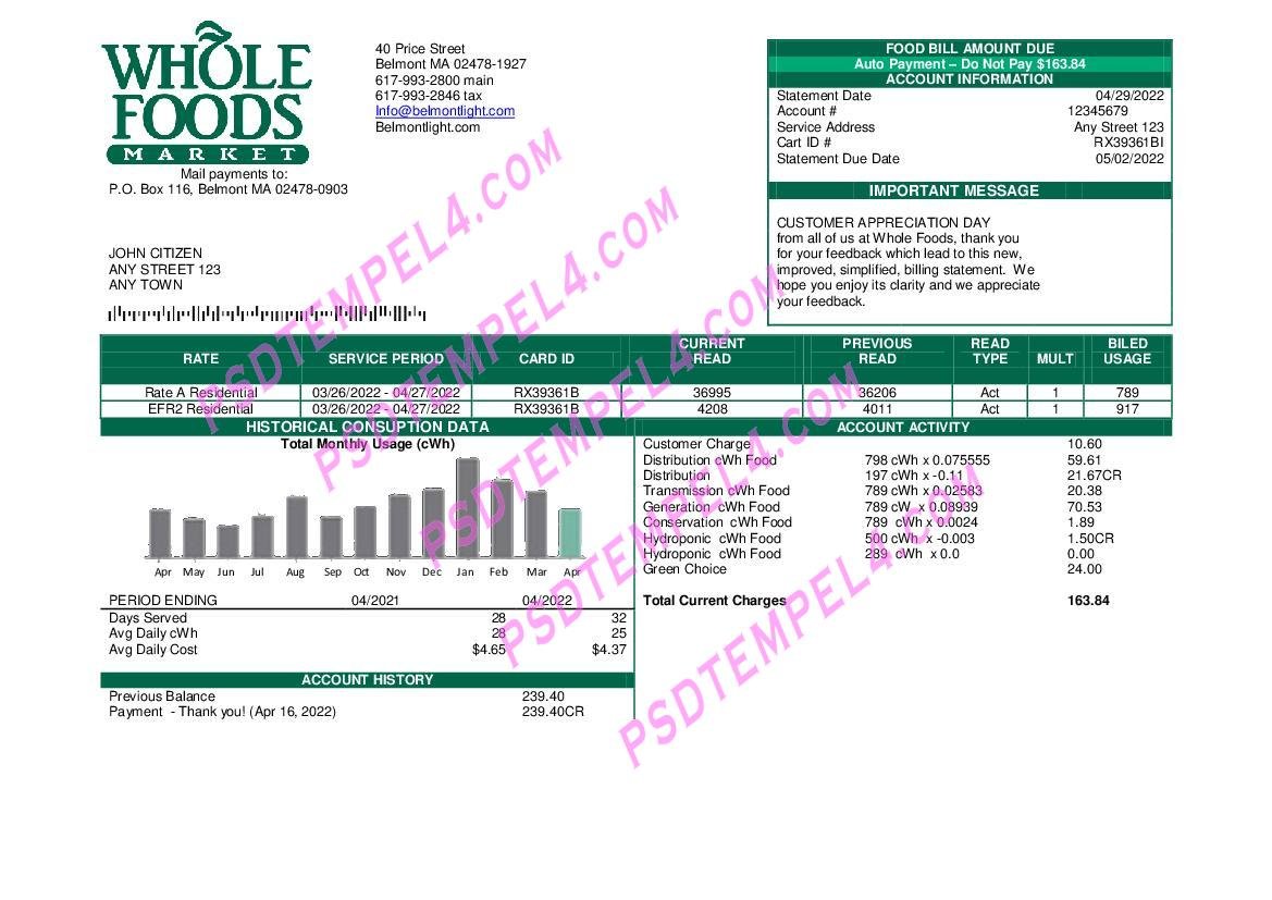 USA Whole Foods Market utility bill