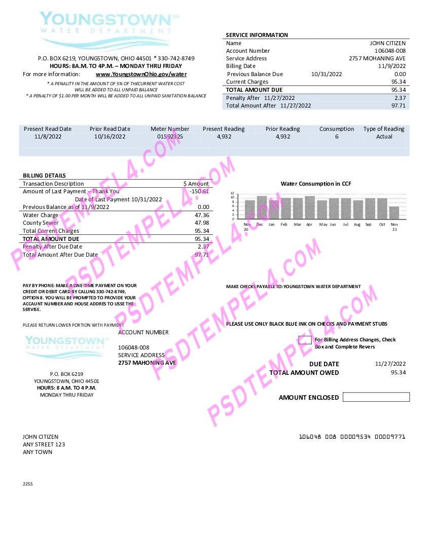 USA Youngstown Water Department utility billYoun