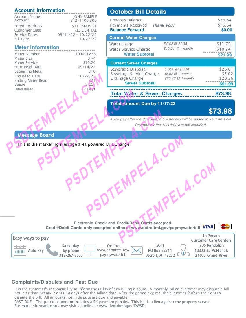 USA Michigan Water and sewerage department 2 pages utility bill