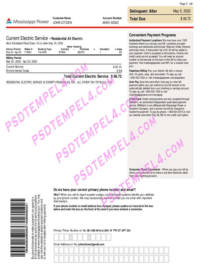 USA Mississippi power 2 pages utility bill