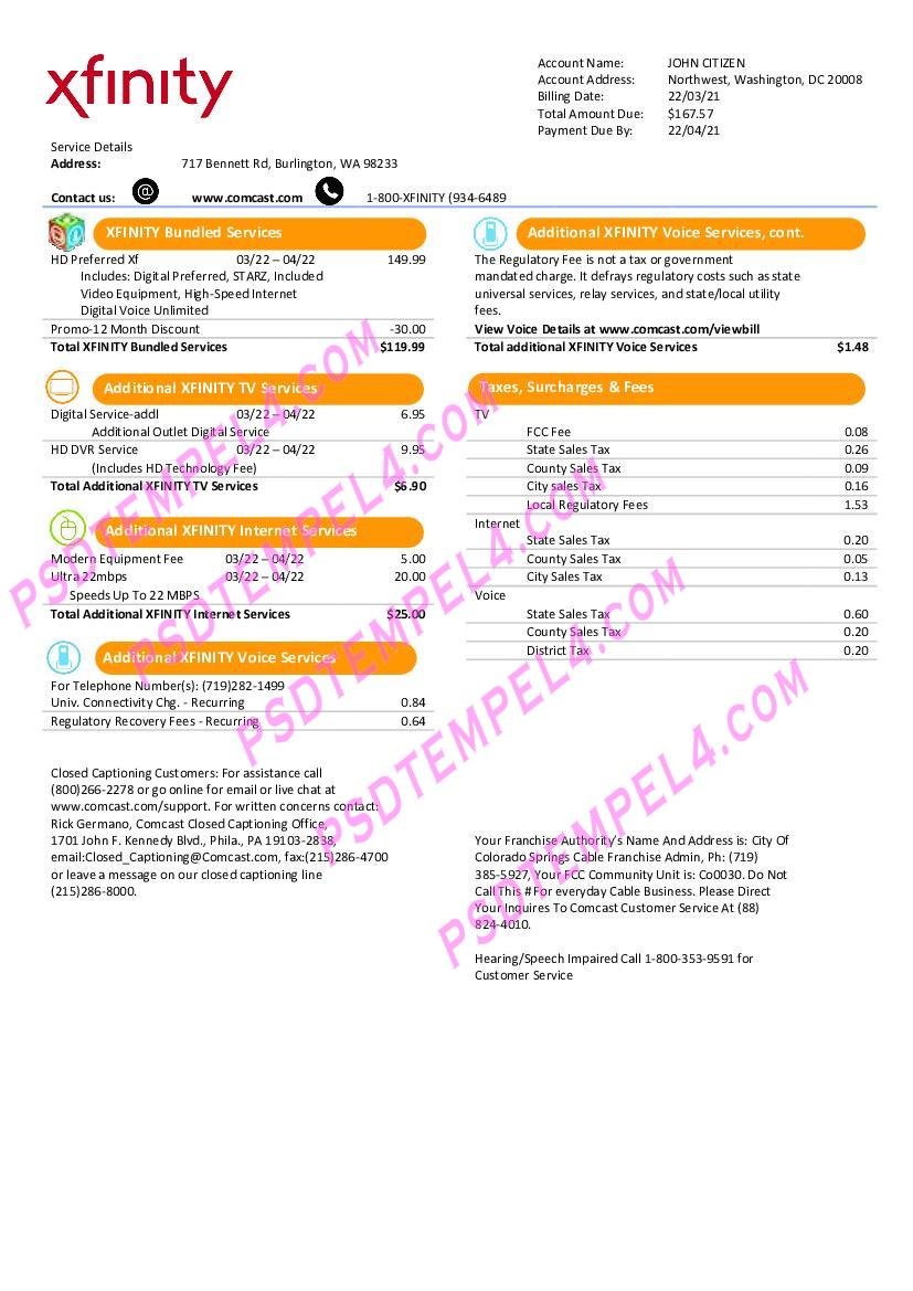 USA San Francisco Xfinity Comcast utility bill 2 pages