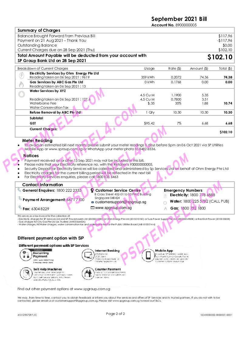 Singapore SP Group utility bill 2pages