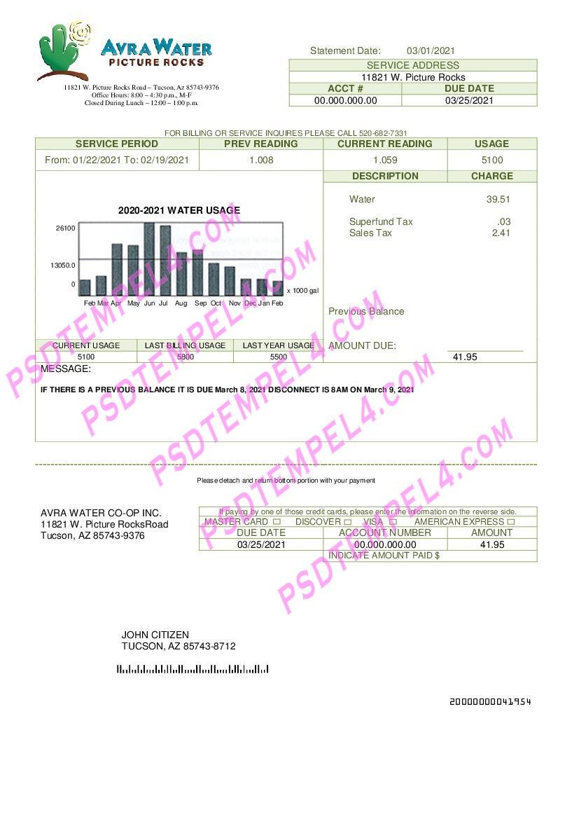 Arizona Avra Water utility bill