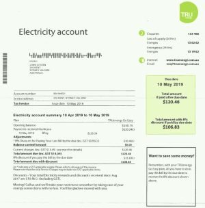 Australia Electricity Tru energy utility bill