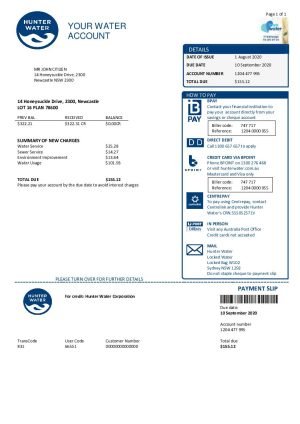 Australia Hunter Water utility bill