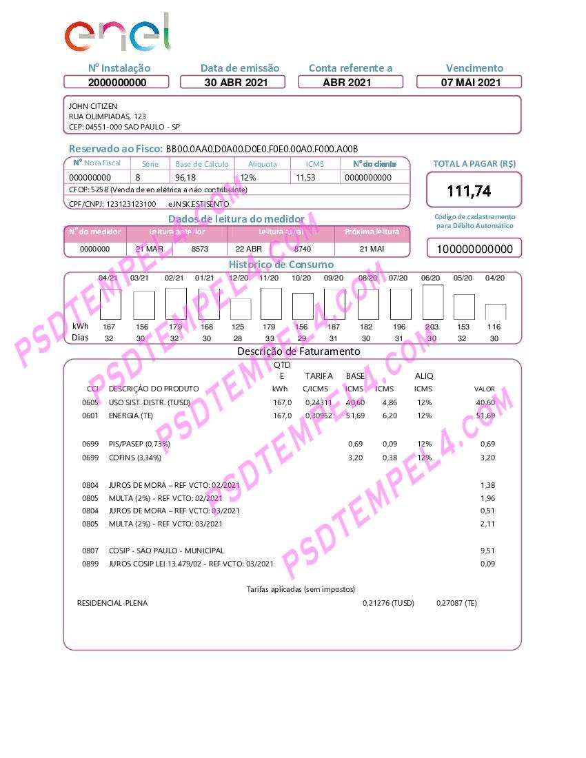 Brazil ENEL electricity utility bill