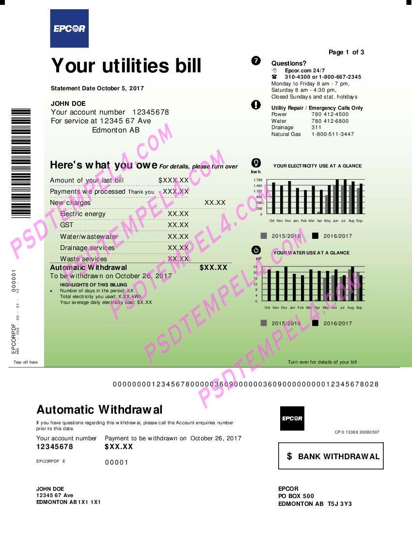 Canada epcor electricity 3 pages utility bill