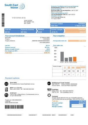Australia South East Water utility bill