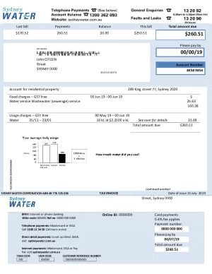 Australia Sydney water V2 utility billSydn