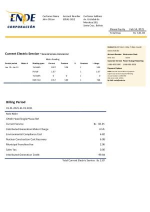 Bolivia ENDE Corporacion electricity utility bill