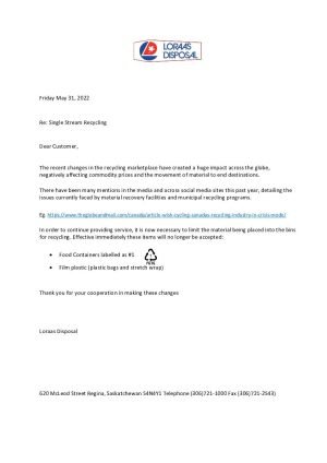 Canada Saskatchewan Loraas Disposal recycling shut off notice utility bill