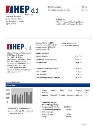 Croatia Hrvatska elektroprivreda electricity utility billCroatia