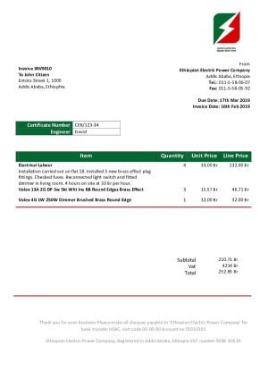 Ethiopia Ethiopian Electric Power Company electricity utility bill