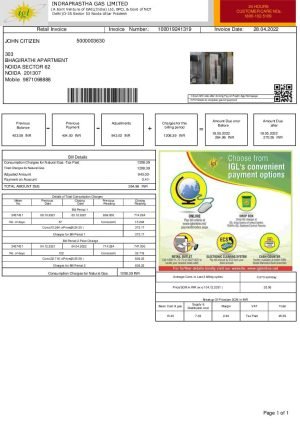 India INDRAPRASTHA GAS LIMITED utility billInd