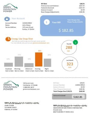 USA Vermont Green Mountain Power electricity utility bill