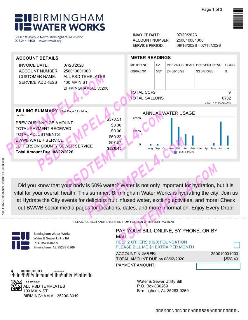 USA Alabama Birmingham Water Utility Bill 3Pages