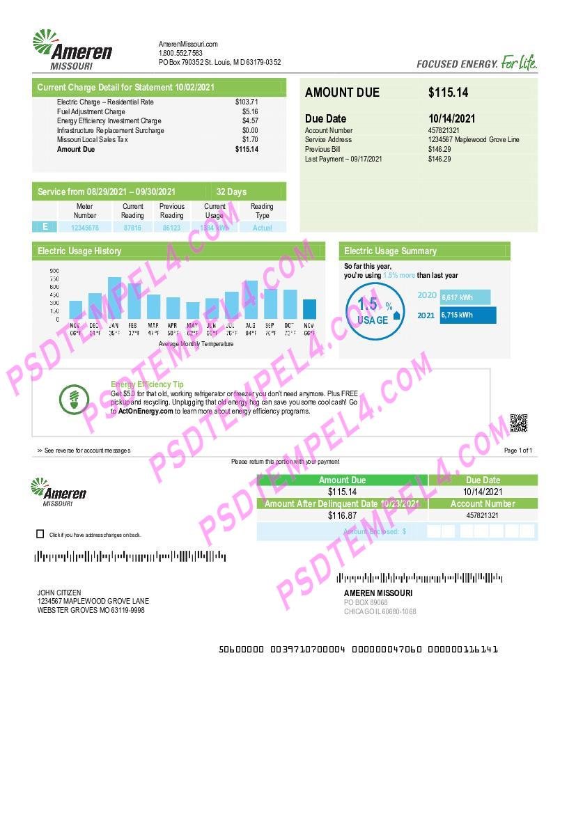 USA Ameren Missouri electricity utility bill 2 pages