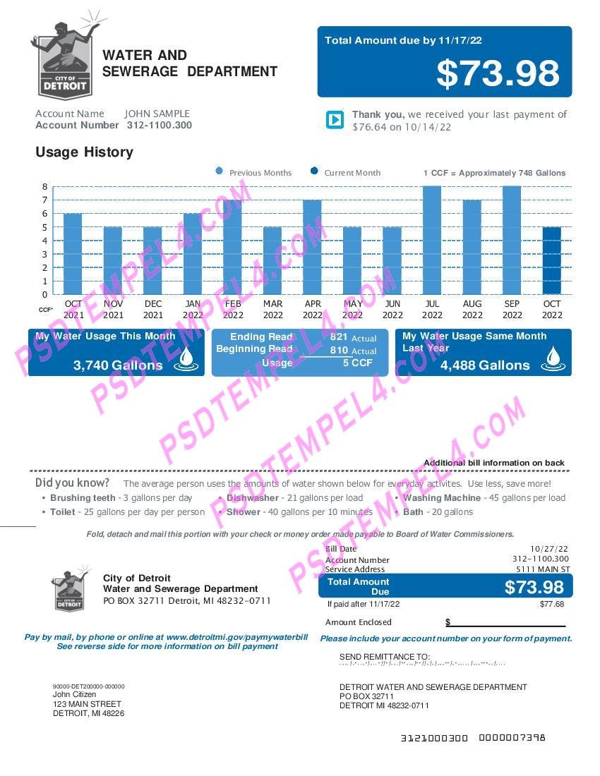 USA Michigan Water and sewerage department 2 pages utility bill