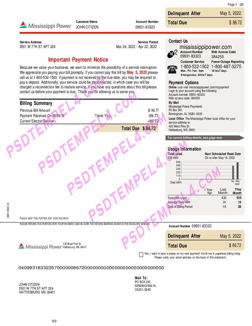 USA Mississippi power 2 pages utility bill