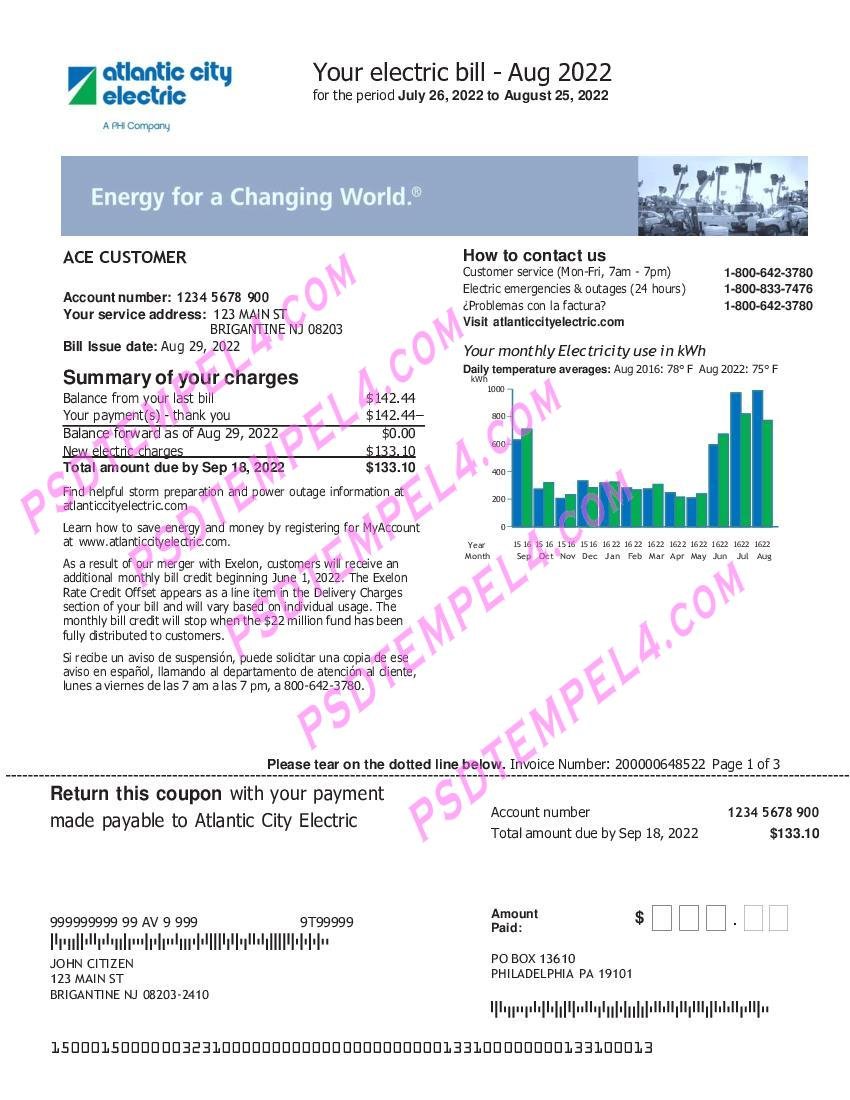 USA New Jersey Atlantic city electric 3 pages utility bill