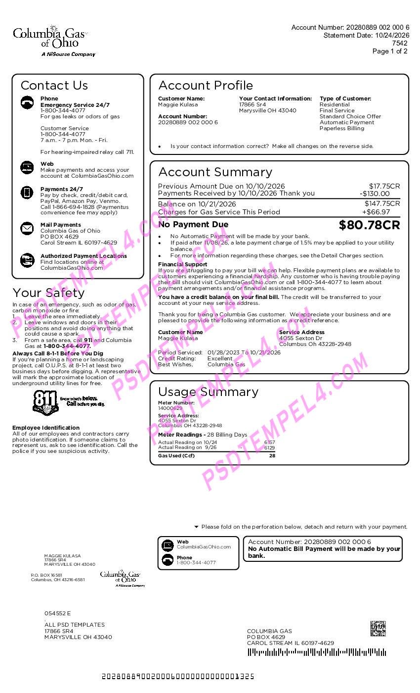 USA Ohio Columbia Gas utility bil 2pages