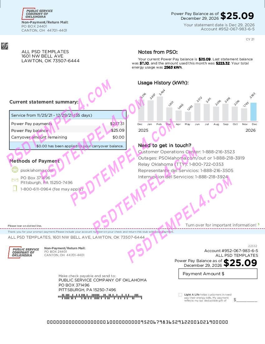 USA Oklahoma Public Service Company utility Bill