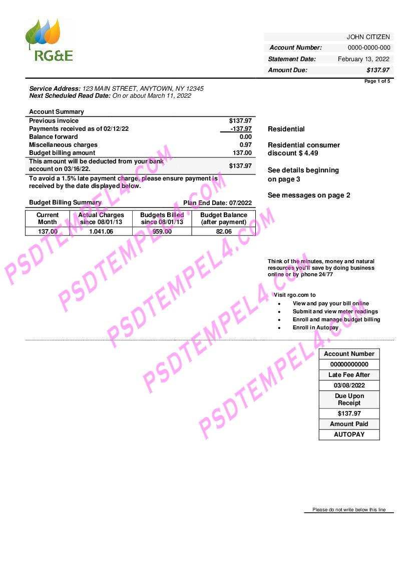 USA RG&E utility bill 5 pages