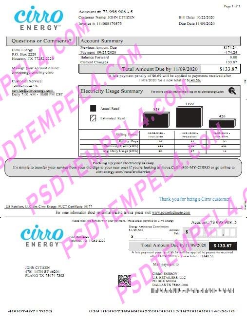 USA Texas Cirro Energy utility bill