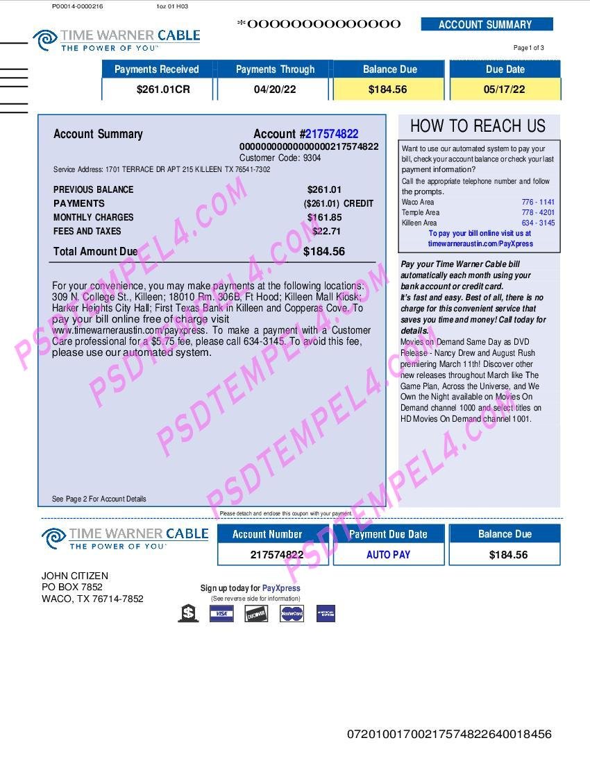 USA Time Warner Cabel 3 pages utility bill