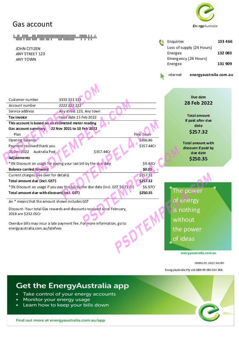 Australia Energy gas 3 pages utility bill