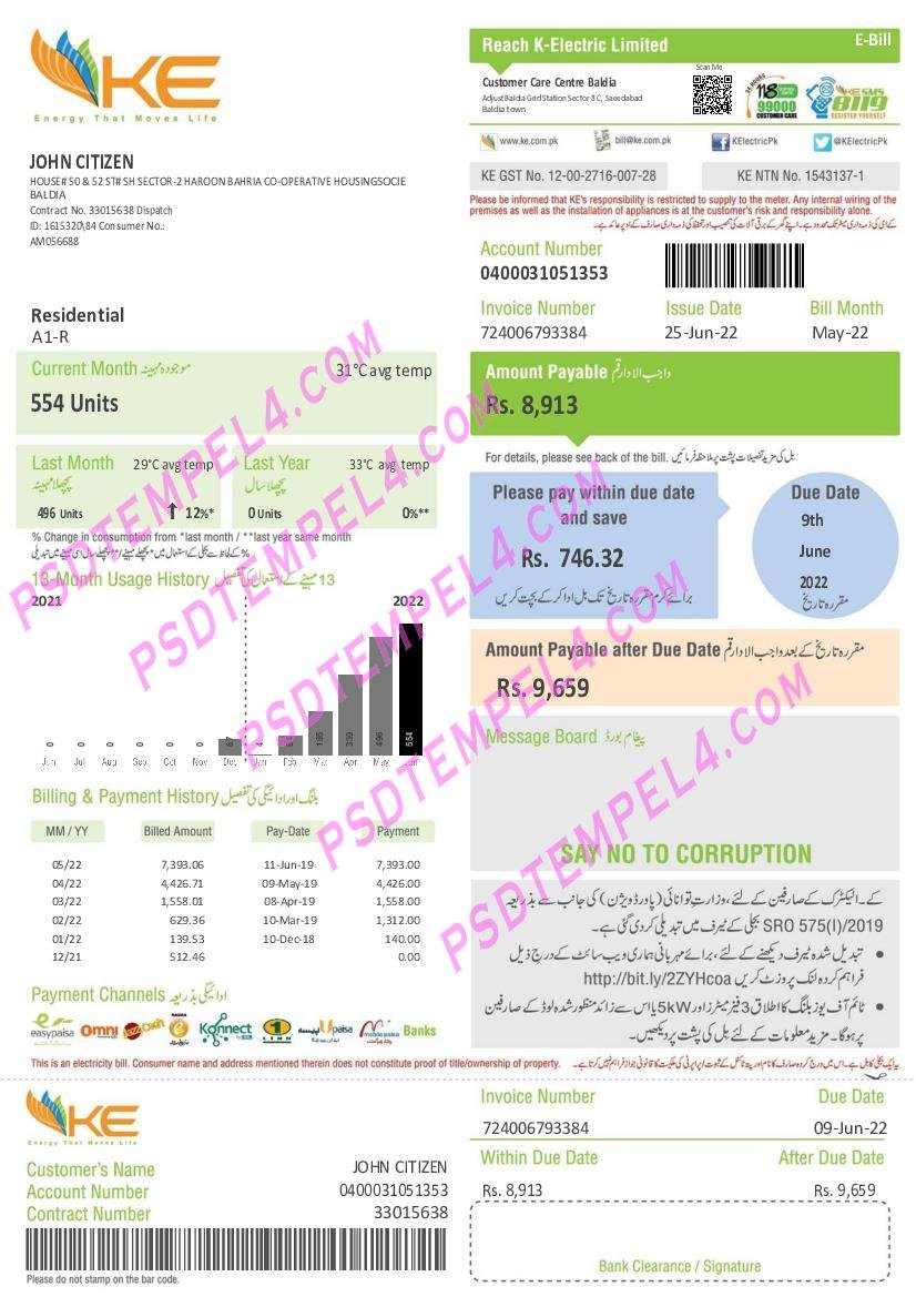 Pakistan KE Electricity 2 pages utility bill