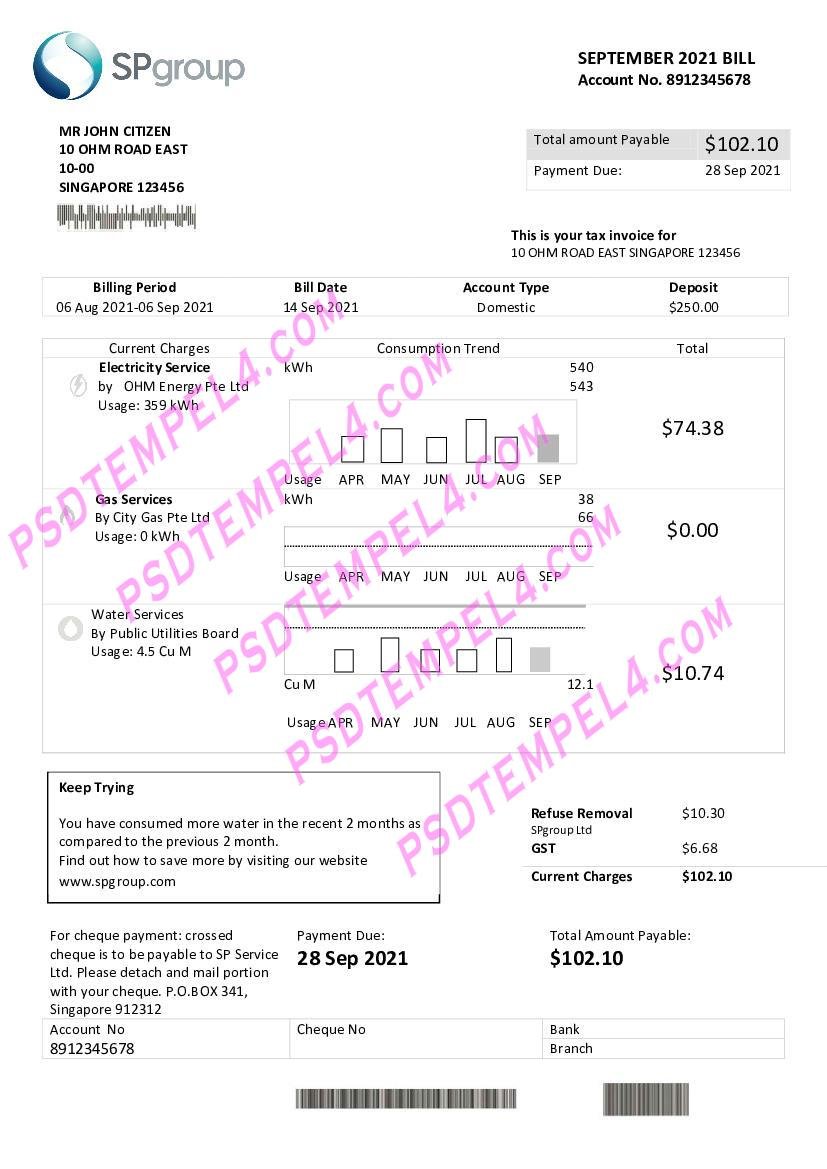 Singapore SP Group utility bill 2pages