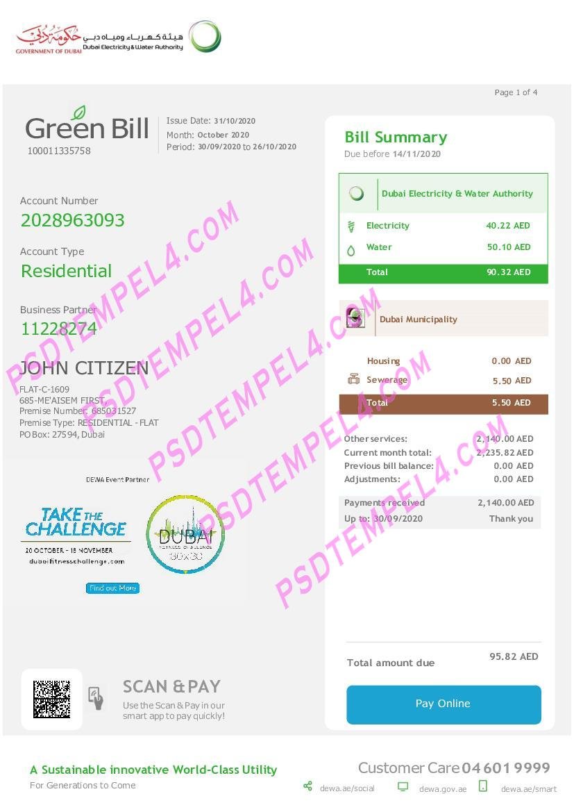 UAE United Arab Emirates Dubai Electricity Water Authority utility bill 4Pages