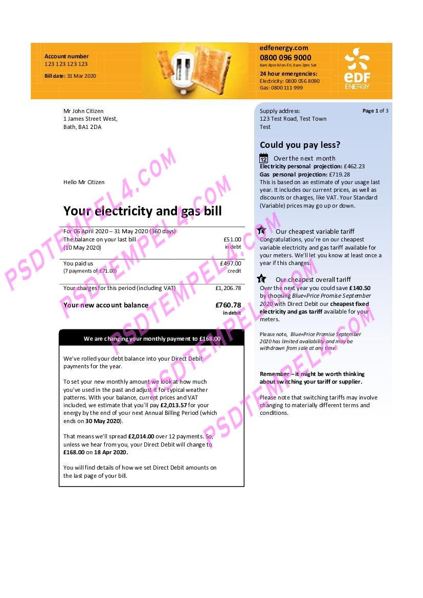 UK United Kingdom EDF utility bill 3pages